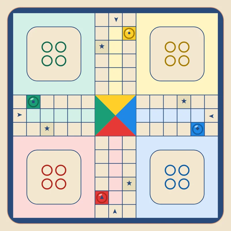 The গ্রামবাংলা board — indigo cells on alpana cream, four coloured yards, star safe squares and marker glyphs on the tokens